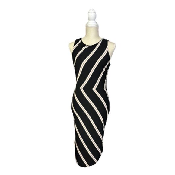 White House Black Market Dresses & Skirts - White House Black Market Black Tan/Ivory Stripe Stretch Bodycon Ruched Sz 4